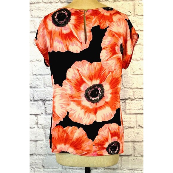 Banana Republic Short Sleeve Poppy Patterned Floral Top Blouse Shirt Coral SMALL - Picture 2 of 9